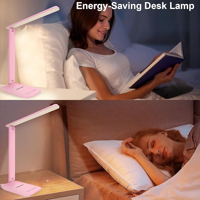 LED Desk Lamp for Office Home, Bright Desk Light with USB Charging Port, Adjustable Dimmable Desk Lamps 5 Modes 5 Brightness, Touch Study Lamp for Nail, Craft, Puzzle, Sewing, Study, Pink