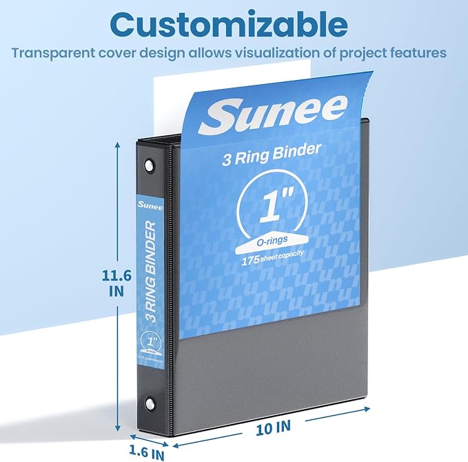 SUNEE 1 Inch Binders 3 Ring 10 Pack Bulk, PVC-Free Clear View 1" Binders (Fits 8.5x11 Inches) for School, Office & Home Use, Black