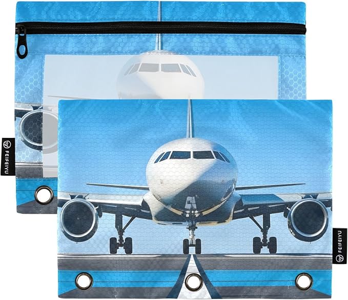 White Airplane Aircraft Pencil Pouch for 3 Ring Binder, 2 Pack Waterproof Pencil Bags Clear Window Pencil Case Zipper School Office Supplies