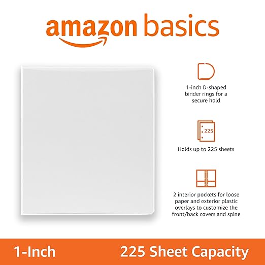 Amazon Basics 3 Ring Binder, 1 Inch D-Ring, Clear Overlay, Pockets for Storage and Organization, White, 4 Pack