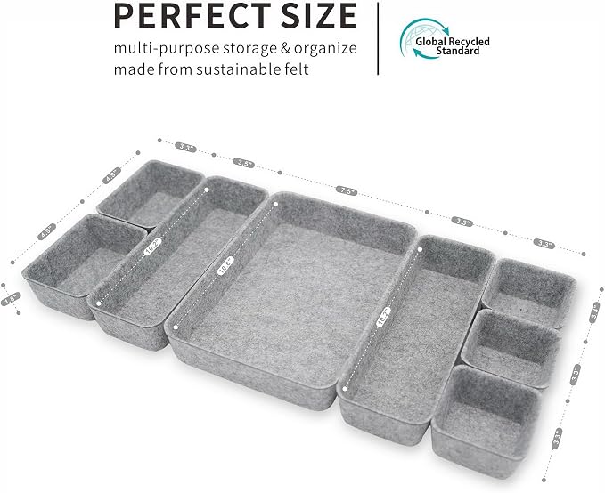 Desk Drawer organizers tray Felt storage bins aesthetics room décor for home office dorm closet decluttering minimalist lifestyle (Gray)