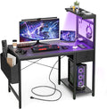 Grandder Gaming Desk 47 Inch with Power Outlet and LED Light, Computer Desk with Reversible Shelves and Storage Drawer, Pc Small Desk for Home Office Table with Bag, Carbon Fiber Black