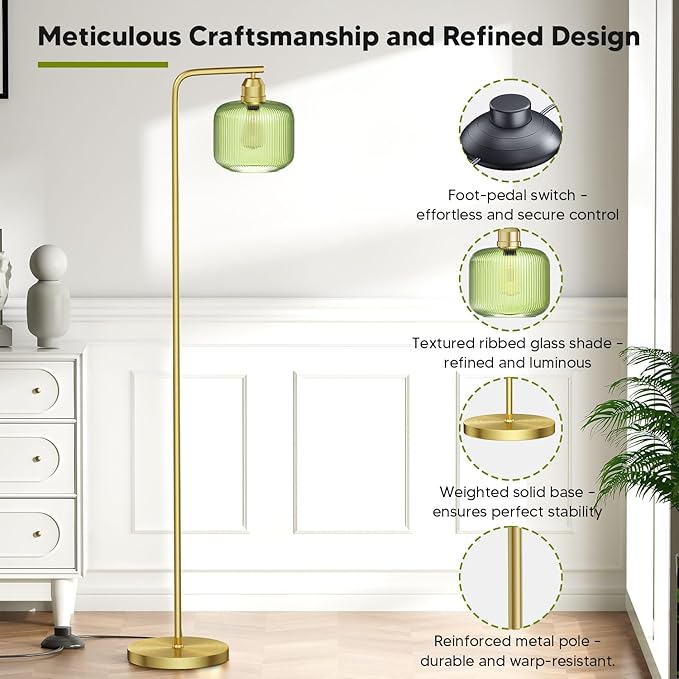 66" Gold Floor Lamp,Standing Lamp with Green Ribbed Glass for Living Room | Vintage Floor Lamp with Brushed Gold Finish,Pedal Switch and 3000K LED Bulb, Arc Floor Lamps for Bedroom & Study Room