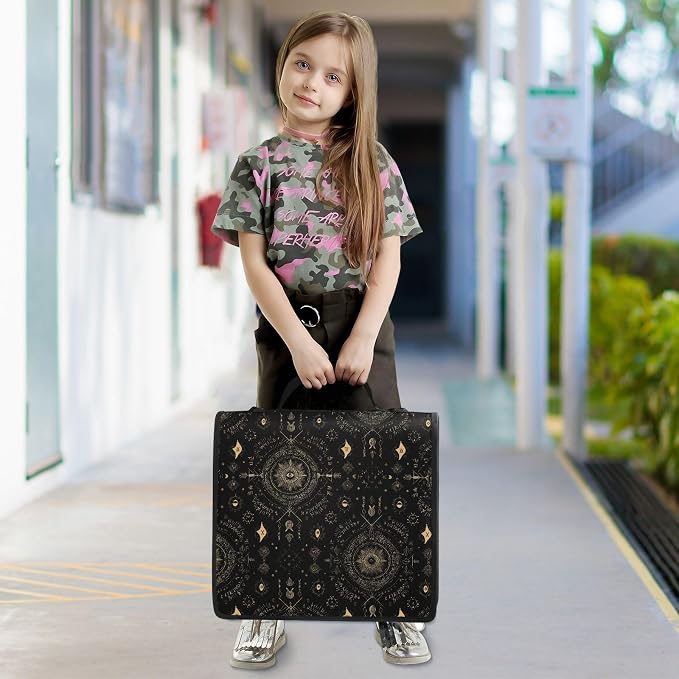 Boho Black Pattern 3 Ring Zipper Binder with Shoulder Strap & Handle 1.5 Inch D-Ring Zippered Bag with Pencil Pouch,Multiple Pocket & Expanding File Folder, Binder Organizer for School or Office