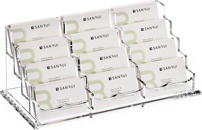 YUXUN Business Card Holder Display for Desk-12 Slots 4 Tier | Clear Multiple Acrylic Cards Stand for Women and Men, Business Card Holder Case for Office Supplies Home School