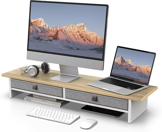 Fenge 35 Inch Monitor Stand with Drawer Storage, Computer Riser for Desk | Wooden Computer Shelf, 2 Tiers, for Dual Monitor/Laptop/PC/TV/Printer up to 55Lbs, Home Office Desk Organizer