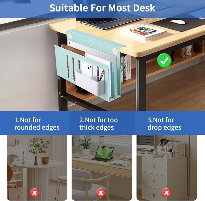 LUKETURE Desk Side Storage, 2 Tie Laptop Holder No Drill Clamp On Organizer | Steel Side Desk Organizer, Clamp on Laptop Mount with Pen Holder, Hanging Storage for Home Office, Fits 0.3" to 2.8"