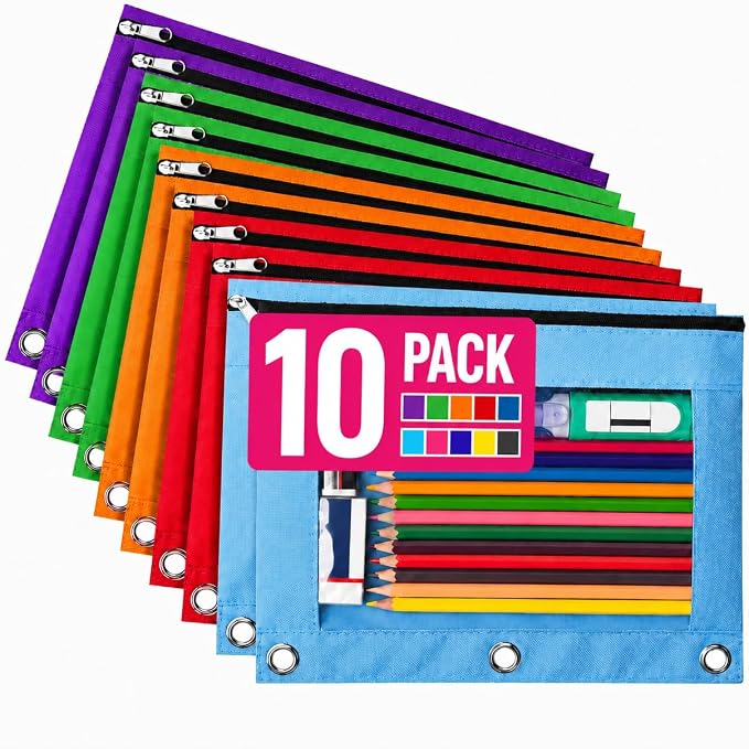 Forvencer 10 Pack Pocket for 3 Ring Binder, Large Pencil Case Pouch | 3 Reinforced Grommets, Pen Bag, Clear Window Pencil Case, Binder Accessories