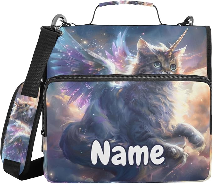 Custom Unicorn Cat with Wings 3 Ring Binder Bag 1.5 inch Personalized Name Binder Organizer 500 Sheet Documents Storage for School Office