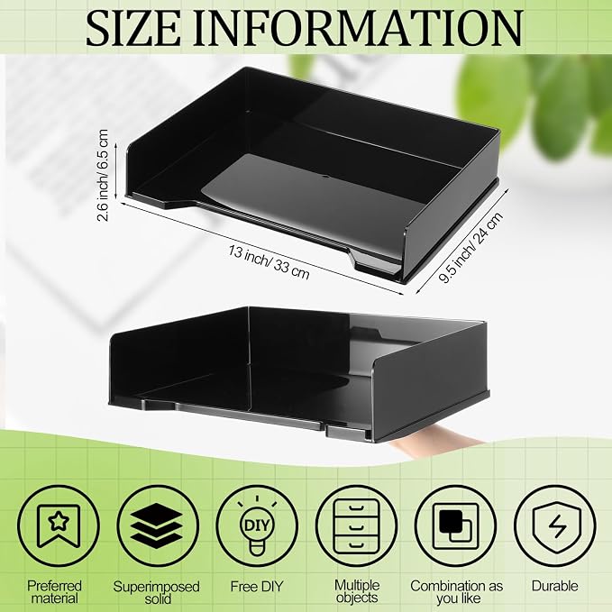 DoubleFill 2 Pcs Stackable Letter Tray Rectangular Plastic Desk Organizer 13 x 9.5 x 2.6 in Paper Holder File Tray Accessories Rack for Desktop Office Desk Drawers (Black)