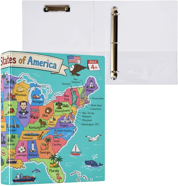 3 Ring Binder United States Map 1.5 inch Binders Three Ring Binders with Clipboard Fit 8.5'' x 11'' Paper 3 Interior PVC Clear Pockets for Office Supplies