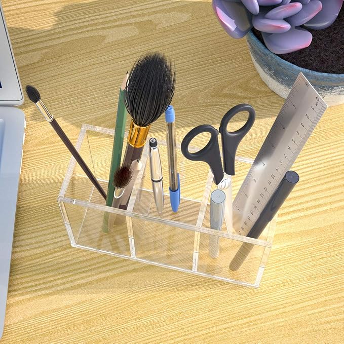 NIUBEE Acrylic Pen Holder 3 Compartments, Clear Pencil Organizer Cup for Countertop Desk Accessory Storage | Scratch-resistant thick acrylic with 3 slots for pens, pencils, makeup brushes, office, vanity and school use