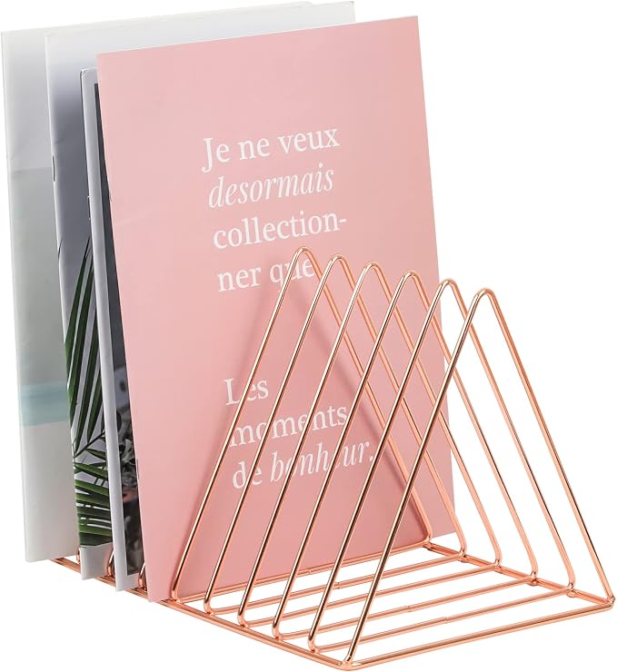 Rose Gold Magazine Holder, Desktop File Sorter Organizer Triangle 9 Slot Newspaper Record Storage Shelf Rack for Home Office Decoration