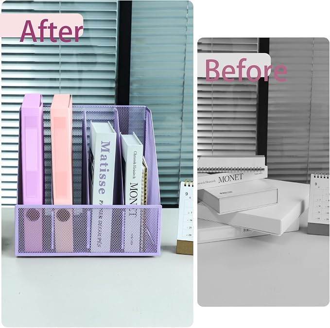 Desk Organizers, Metal Magazine File Holder with 4 Vertical Compartments Rack Binder File Organizer for Office Supplies, Home Workspace - Purple