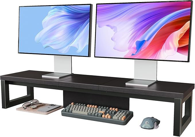 HEWORLIF Dual Monitor Stand Riser, Wood and Steel Monitor Stand for Desk, Multi-Purpose Desk Shelf Organizer for Computer, Laptop, Printer, TV, Black