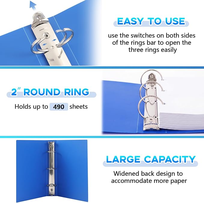 Henoyso 2 Inch 6 Pack Mini 3 Ring Binders for 5.5"x8.5" Paper,Blue | Holds 375 Sheets, Plastic Small Binders, Round Three Rings, Flexible PP Covers, School Office, Photo Album Planner Journal