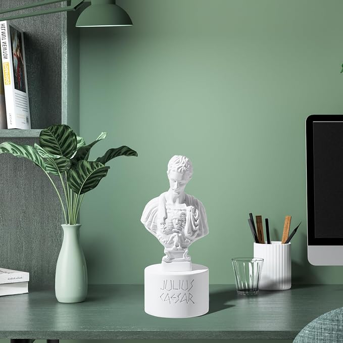 Julius Caesar Pencil Holder, 7.87" Resin Bust Statue with Back Stabbed Holes, Roman Desk Organizer