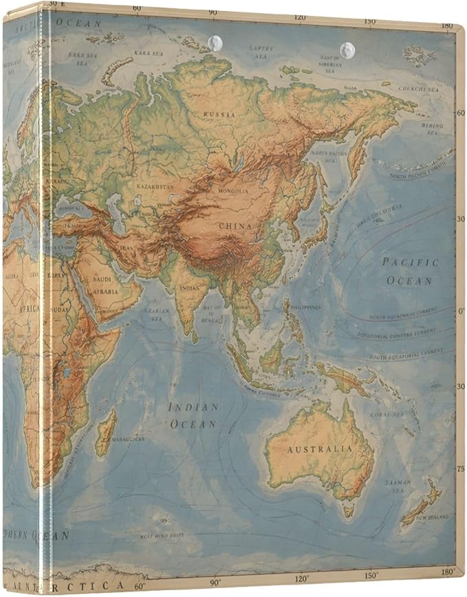 3 Ring Binder Retro World Map Continents 1.5 inch Binders Three Ring Binders with Clipboard Fit 8.5'' x 11'' Paper 3 Interior PVC Clear Pockets for Office Supplies