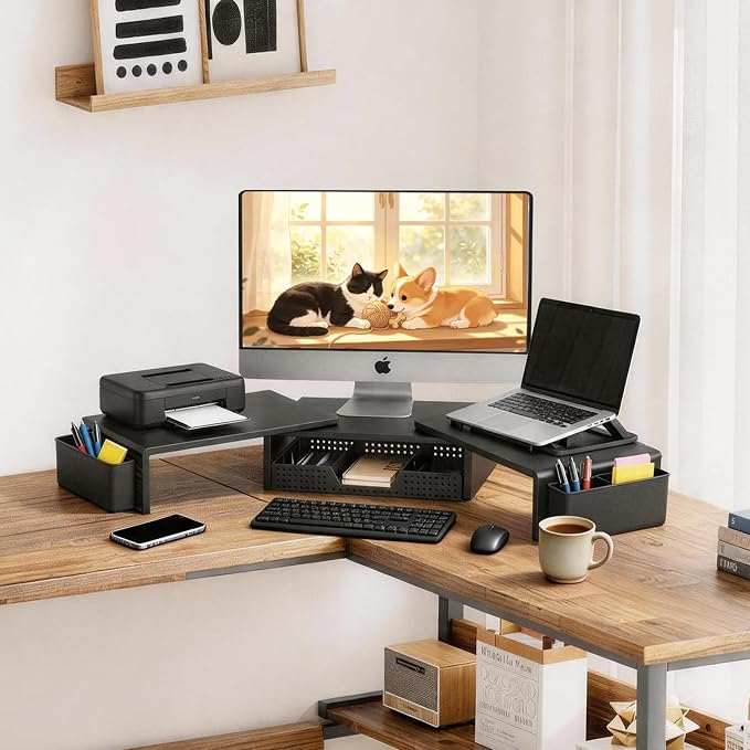 LEKETREE Dual Monitor Stand Riser with Drawer, Desk Organizer and Accessories, Monitor Stand for Desk, Desktop Stand for Computer, Laptop, TV and More (Black)