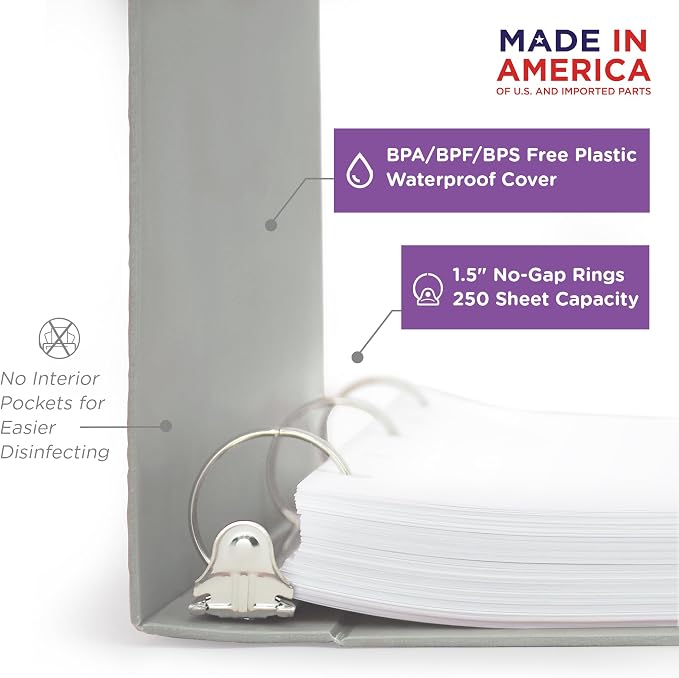 Carstens 1.5-Inch Heavy Duty 3-Ring Binder - Side Opening, Ash Gray, Durable Plastic, No-Gap Rings, Waterproof Cover, No Pockets, Holds 250 Letter Sheets, BPA-Free, Made in USA (2020-3R), Case of 20