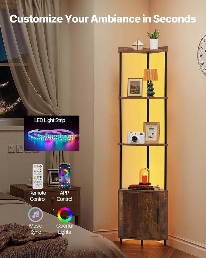 VEVOR 5 Tier Corner Shelf with LED Light, 65.4" Tall Corner Bookshelf with Storage Cabinet, Display Shelf with Multi-Color Lights Controlled Via RC/APP for Bedroom, Living Room, Office