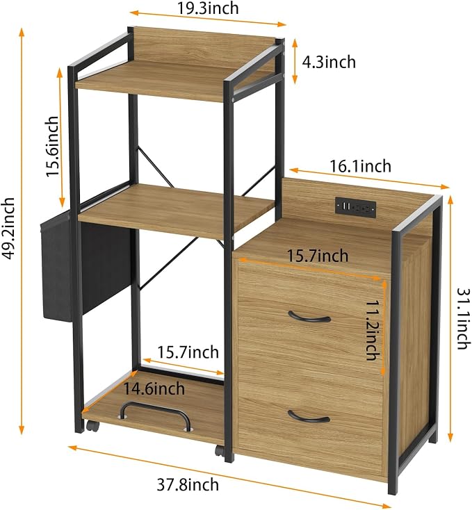 GarveeLife File Cabinet Furniture, Filing Cabinet with 2 Drawers, Rolling Printer Stand with Open Storage Shelves for Home Office, Printer Stand with Power Strip & LED Lights, 49.2" h, Natural
