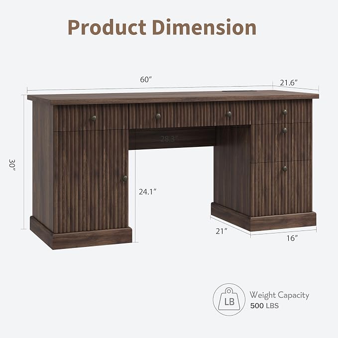 Garvee 60" Office Desk with Storage & Drawers for Home Office, Brown | Fluted Wood Executive Desk with File Drawer & Charging Station, Modern Computer Desk with Adjustable Shelves