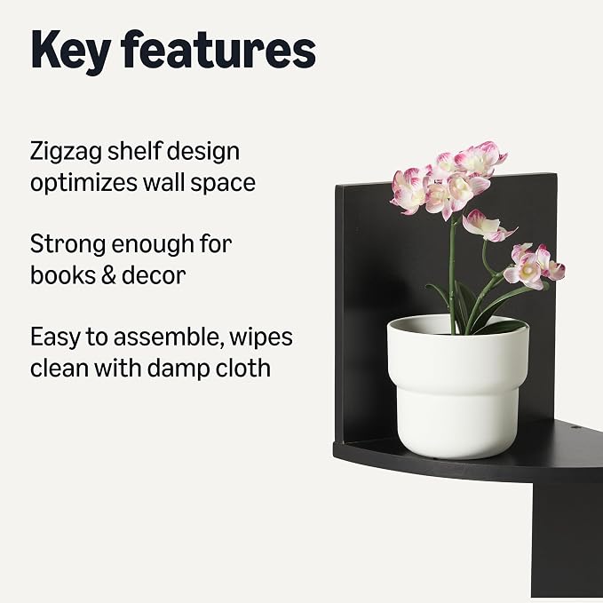 Amazon Basics 5-Tier Corner Shelf, Wall-Mounted, Floating Corner Bookshelf for Living Room, Bedroom, Bathroom, Home Office, 7.8"D x 48.5"W x 7.8"H, Black