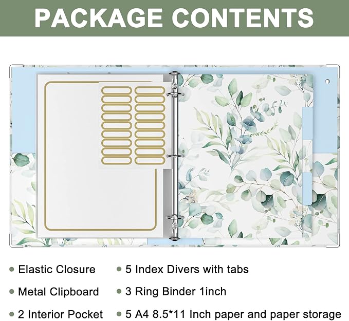 Rouidr 3 Ring Binder with clipboard, 1 inch 8.5 x 11 in Letter Size View Binders Organizer with Dividers Tabs & Clear Sleeves, School Supplies, Office Supplies, Eucalyptus Leaf