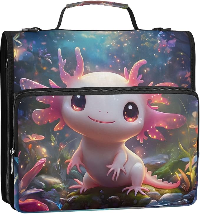 3 Ring Zipper Binder with Shoulder Strap Cute Axolotl Animal 2 Inch Zippered Binder Bag 500 Sheet Capacity Multi Pockets for School Supplies
