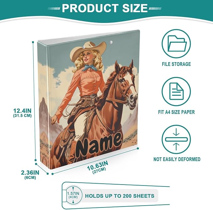 Custom 3 Ring Binder Cowgirl Cowboy Horse View 1.5" Round Ring Binders Personalized Name View Binder with 200 Sheet for Kids School Supplies Women Men Office, 1 Pack
