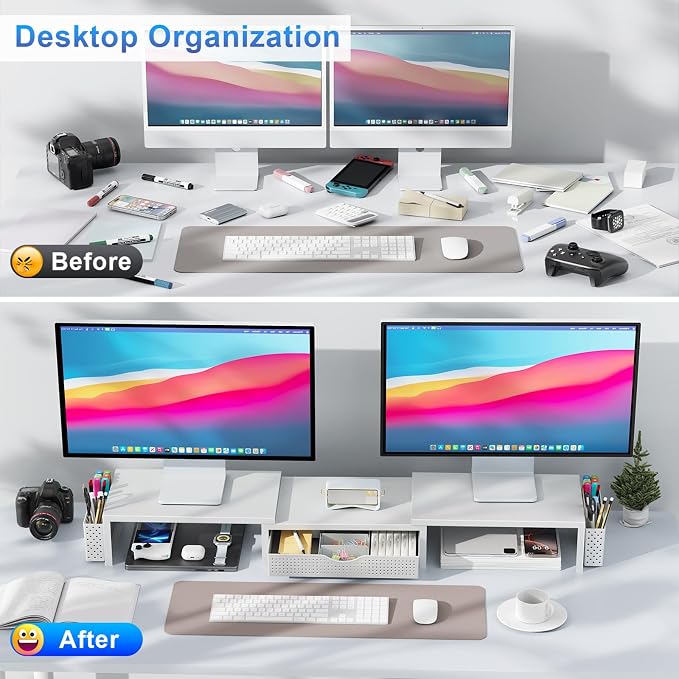 gianotter Dual Monitor Stand Riser With Drawer and 2 Pen Holders | Computer Monitor Stand Desk Organizer and Accessories Desk Shelf for Top of Desk (White)