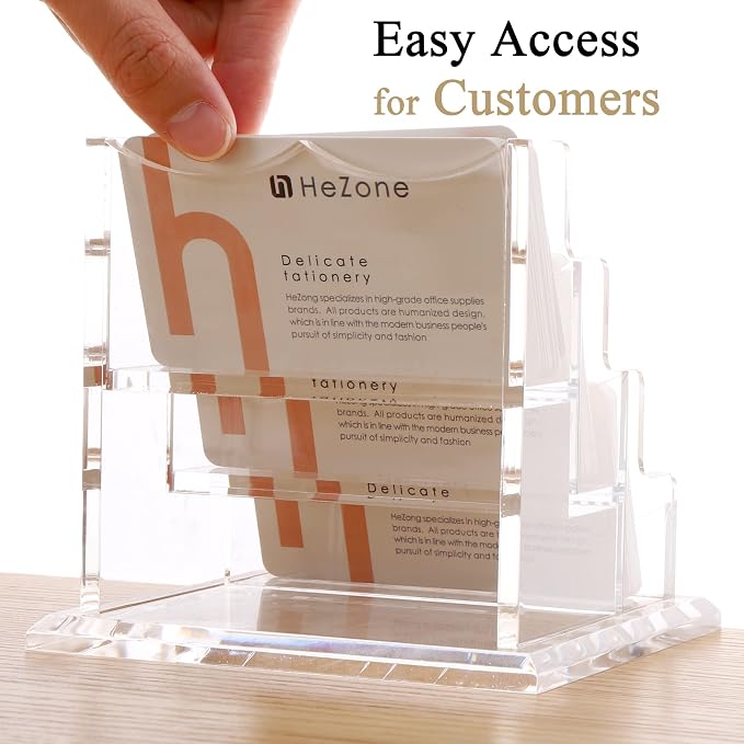 HeZone Business Card Holder for Desk 3 Slots 3 Tier, Clear Acrylic Cards Display Stand, Cards Organizer for Women and Men, Hold 150 Cards-Horizontal 3 Slots