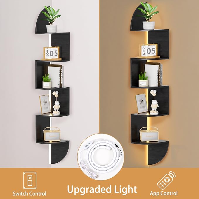 Corner Shelf, 5 Tier Bookshelf with LED Light, Corner Shelf Wall Mounted, Floating Shelves for Wall, Display Stand for Bedroom, Living Room, Bathroom, Home, Office, Black