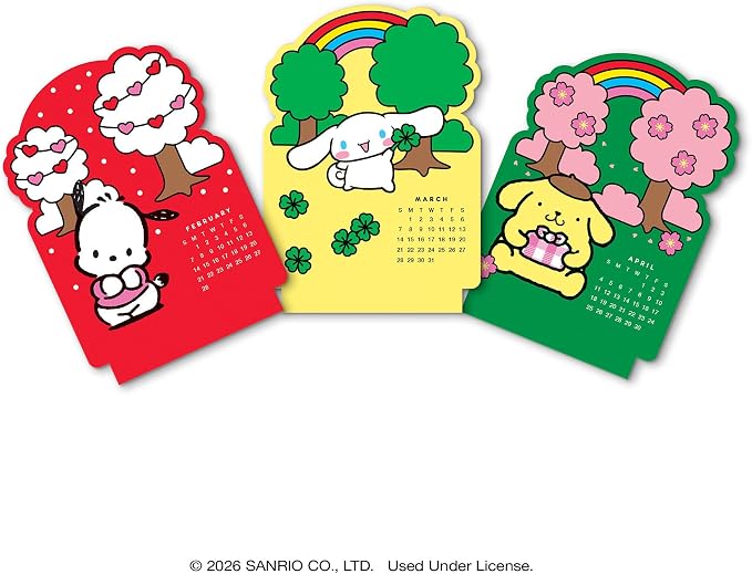 Orange Circle Studio Hello Kitty® and Friends 2027 Mini Desk Calendar with Wooden Stand, 12-Month Small Desktop Calendar, Full-Color Monthly Layouts, 300 GSM FSC-Certified Paper, Office Desk Decor