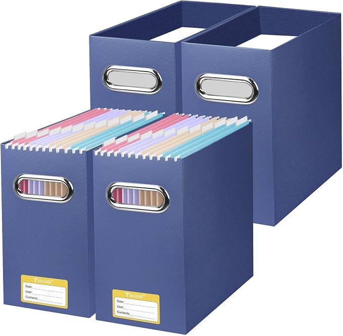BALEINE 4PK File Organizer Box, Cardboard File Folder Organizer with Handle | Strong Corrugated Paper Core, Label Stickers for Identification, Hanging File Folder Organizer, Home Office Document Storage