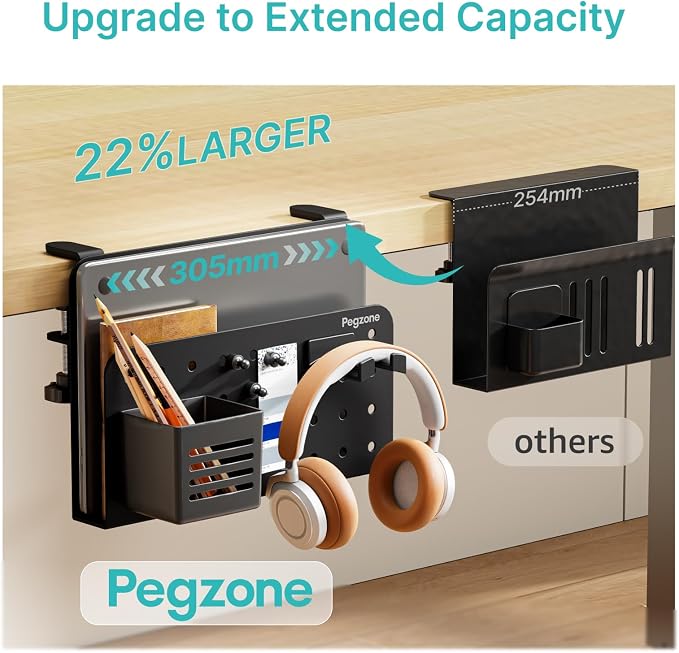 Desk Side Storage Organizer, Fits Flat Edge 0.4" to 2.2", Black | No Drill Under Desk Laptop Holder, Clamp on Desks Shelf with Pegboard Accessories, Hanging Laptop Mount