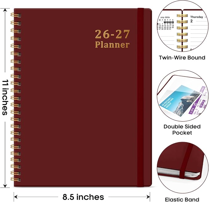 Taja Planner 2026-2027, 8.5" x 11" Calendar Planner, Jul 2026-Jun 2027 | Letter Hardcover Weekly & Monthly Academic Year Planner, Large Planning Agenda With Tabs, School & Office Supplies, Burgundy