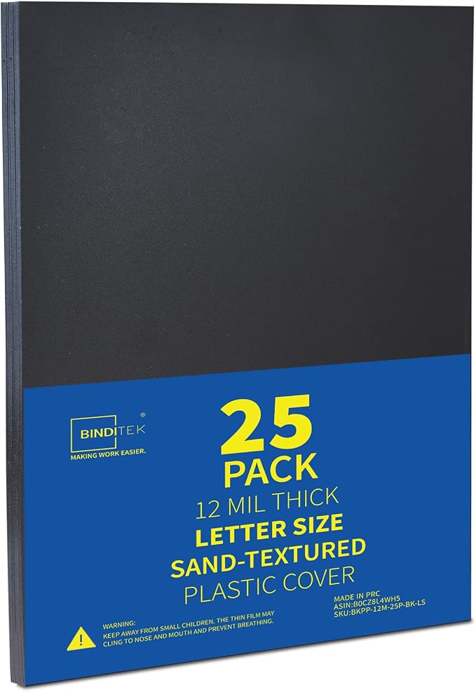 Binditek 12 Mil Sand-Textured Binding Covers, Letter Size, Black, 25 Pack | Plastic Binding Covers, 8.5" x 11", Subtle Matte Finish, Square Corners, Unpunched, Ideal for Business Reports and Proposals