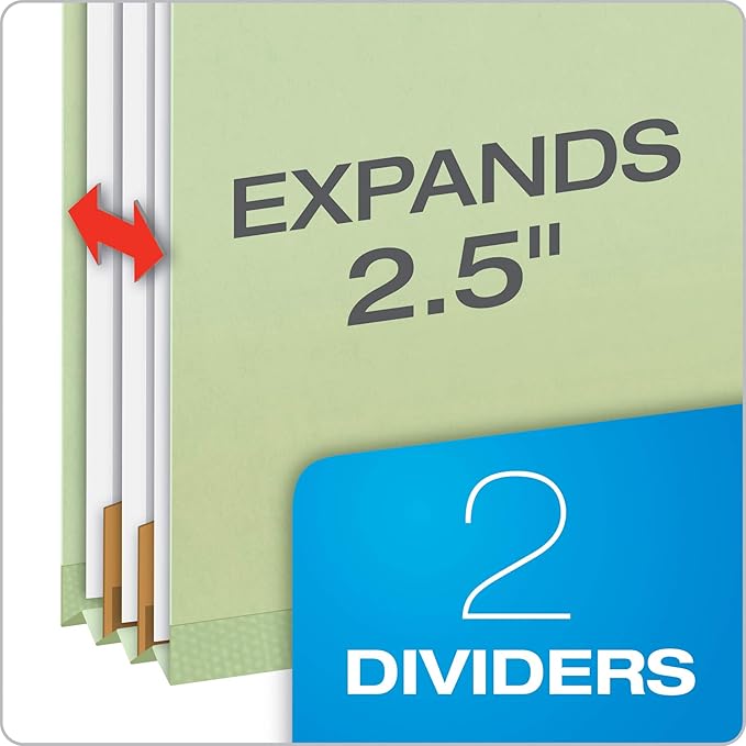 Pendaflex Recycled Classification File Folders, 2 Dividers, 2" Embedded Fasteners, 2/5 Tab Cut, Letter Size, Light Green, Box of 10 (24076R)