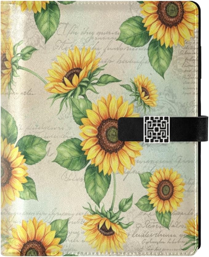 Sunflower Pattern PU Leather Notebook A5 Binder 6 Ring Refillable Journal with Magnetic Buckle Closure Loose Leaf Travel Office Planner Budget Binder Notepad Portfolio,
