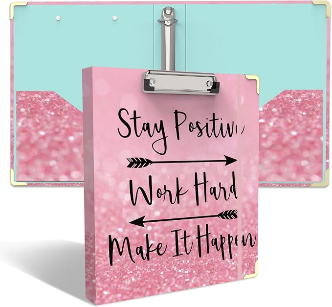 3 Ring Binder 1 Inch Round Rings for Letter-Size Paper with Profile Clipboard, Cute Three Ring Binders Folders Organizer for Office School Supplies(Stay Positive)