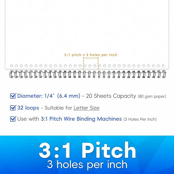 Rayson Wire Binding Spines, 1/4" 3:1 Pitch, 32-Loop Black, 100 Pack | Binds up to 20 sheets; ideal for thin reports, manuals, proposals and school projects.