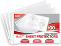 Dunwell 11x17 Sheet Protectors Landscape - (100 Pack, Heavyweight), 11 x 17 Ledger Size Plastic Sleeves, 3 Hole Punched, Fits 3-Ring Binders, Clear Heavyweight Acid-Free Poly
