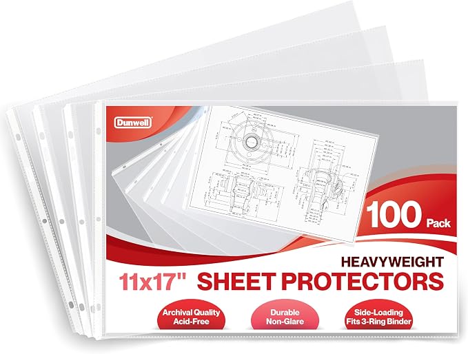 Dunwell 11x17 Sheet Protectors Landscape - (100 Pack, Heavyweight), 11 x 17 Ledger Size Plastic Sleeves, 3 Hole Punched, Fits 3-Ring Binders, Clear Heavyweight Acid-Free Poly
