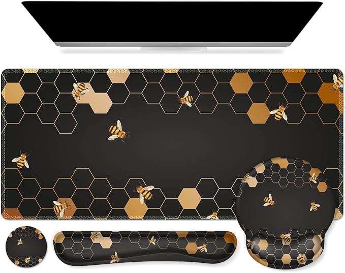 iCasso Honeycomb Mousepad 35.4"x15.7", Desk Protector for Workspace | Travel Mousepad Set with Keyboard Wrist Rest, Stylish Ergonomic Desk Pad for Computer Vanity Office Workspace Area