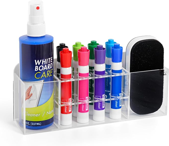 Strong magnetic dry-erase whiteboard holder, 8-slot acrylic pen organizer with glass and wall mounting hardware for refrigerator, office, and classroom. Markers, Eraser, Cleaner Not Included (Clear)