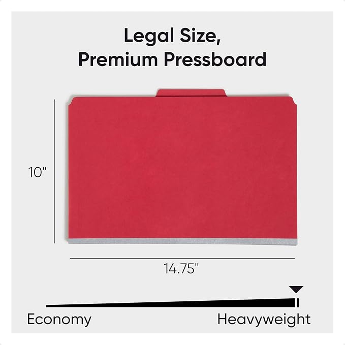 Smead Pressboard Legal Size File Folders with SafeSHIELD Fasteners, 2 Dividers, 2" Expansion, Office Folders, Paper Holder, Bright Red, 10 per Box (19031)