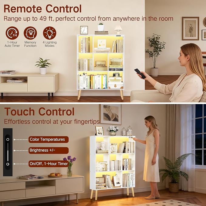 7-Cube Bookshelf with LED Lights, Touch & Remote Control, Freestanding Open Bookcase Storage Shelf, Dimmable Modern Wooden Display Organizer with Legs for Living Room, Bedroom, Office(White)