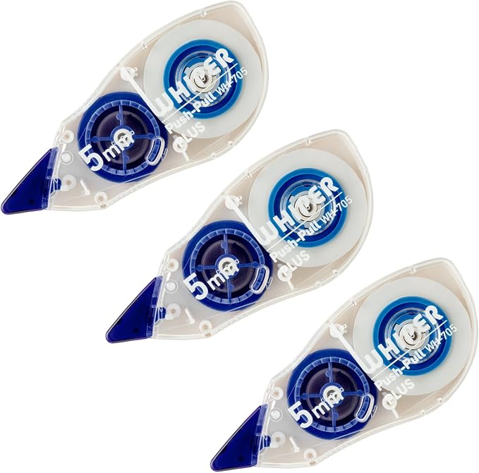 Plus 49-965 Correction Tape Whiper Push Pull, Pack of 3, 0.2 inch (5 mm) Width, Blue